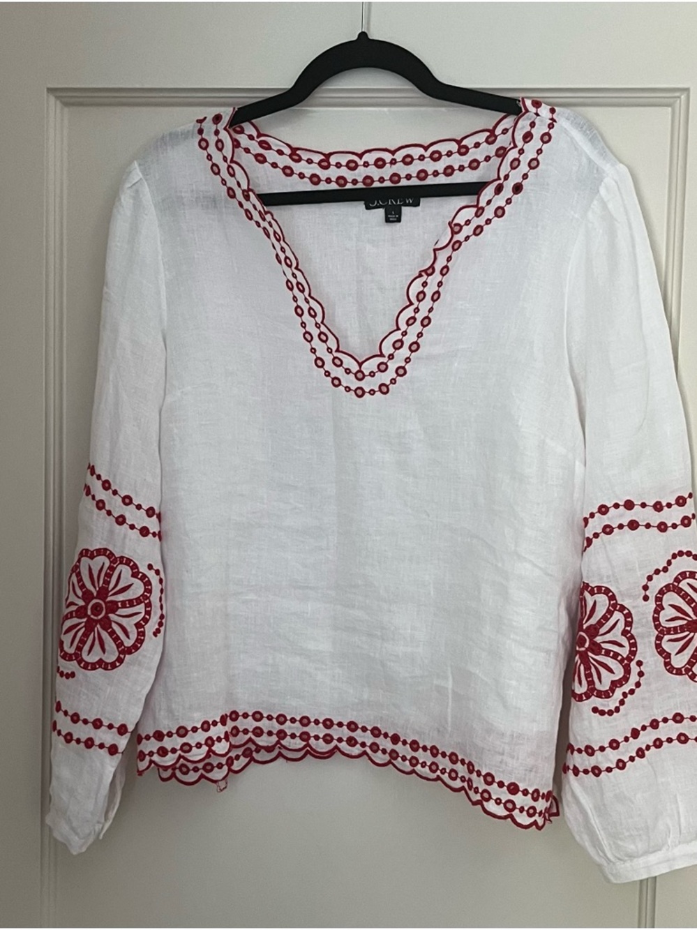 NWOT J. Crew Bungalow Embroidered Linen Blouse in Red and White, Size L